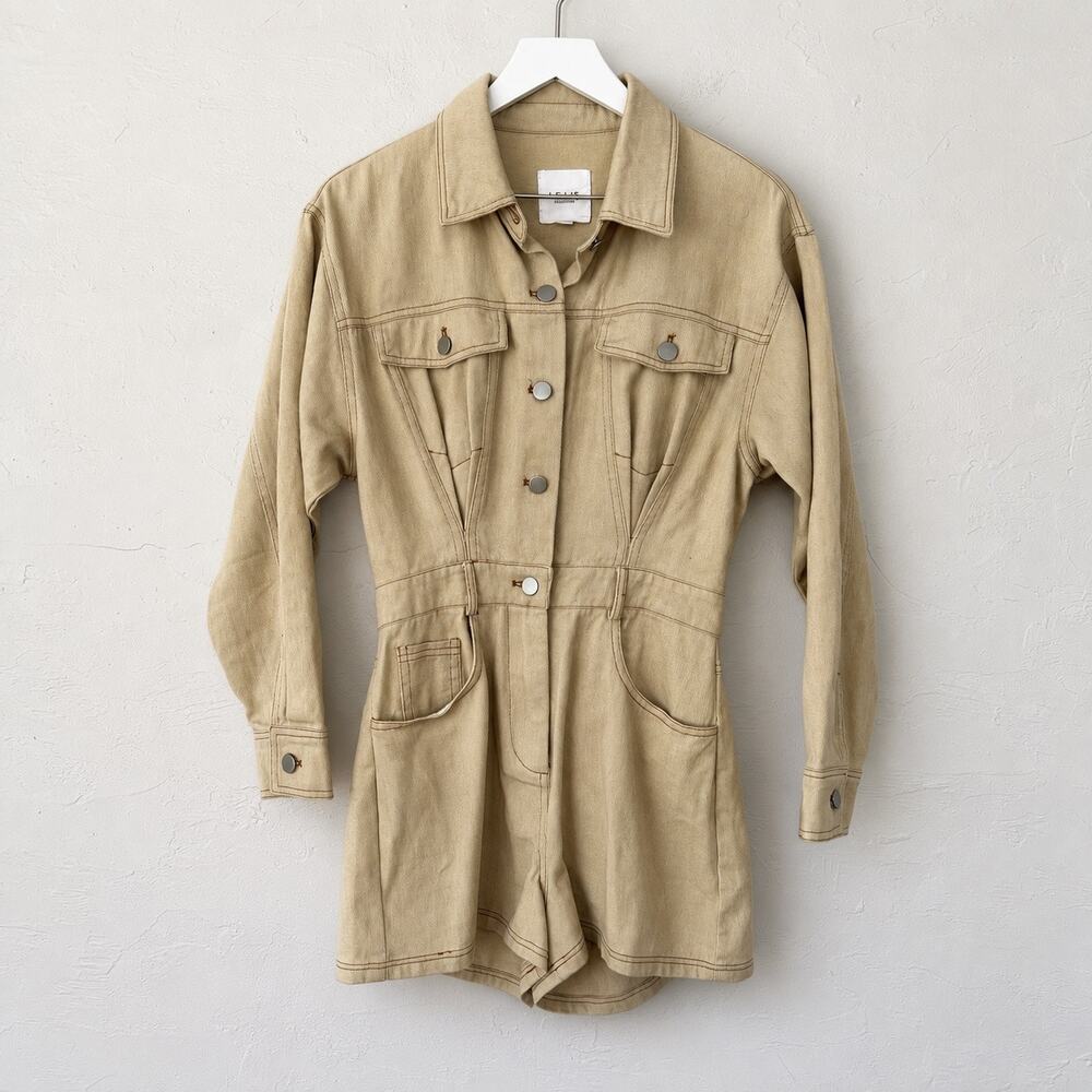 Le Lis Taupe Denim Utility Romper Balloon Sleeve Safari Workwear Small